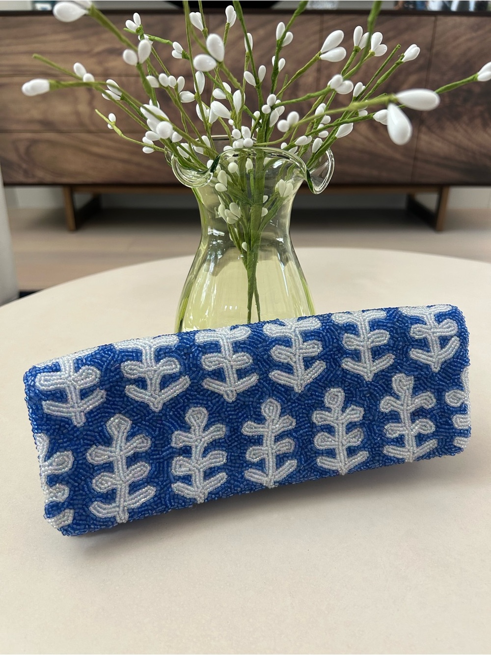 Oliphant Blue & White Beaded Leaf Motif Wristlet Clutch